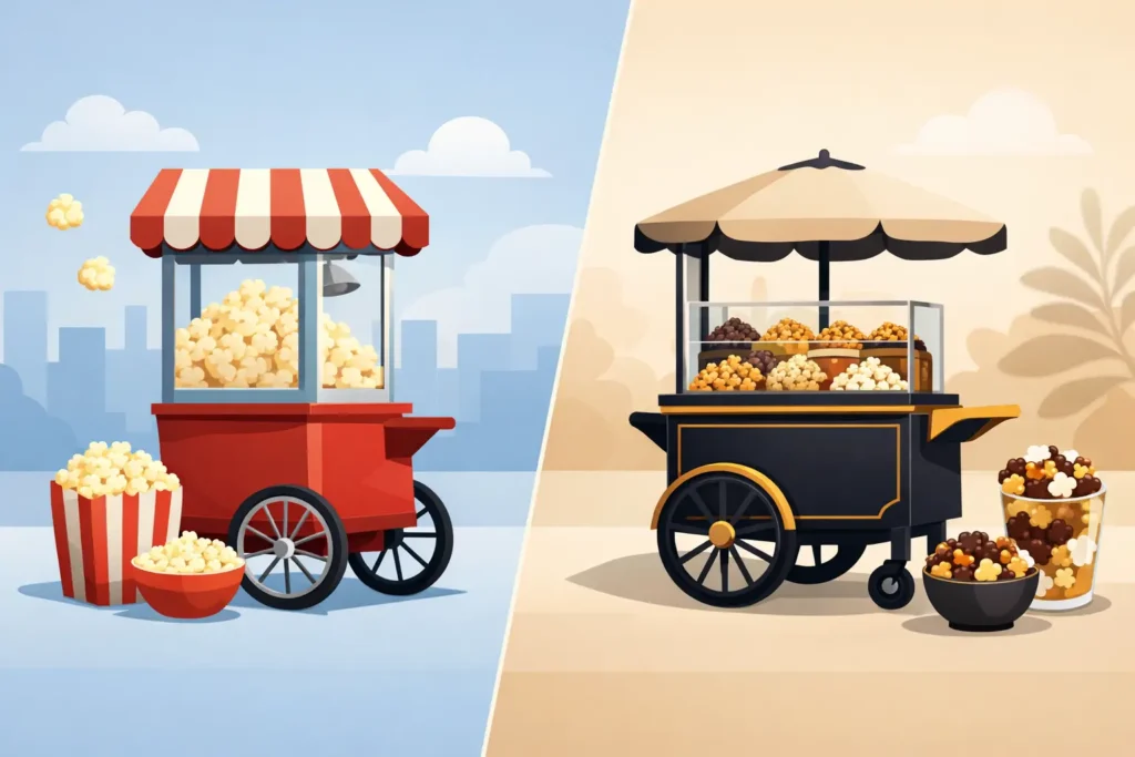 Pipoca tradicional x pipoca gourmet: qual carrinho?