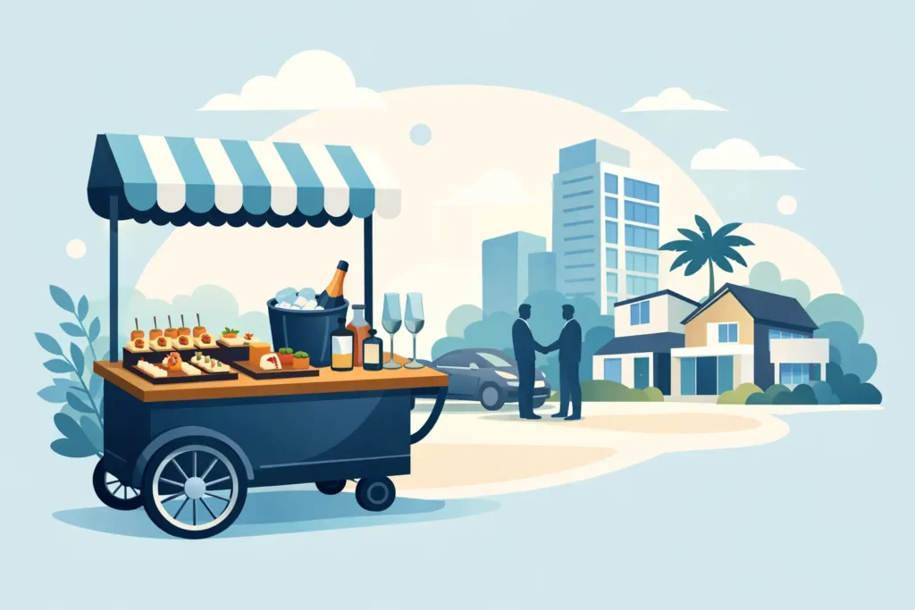 Carrinho gourmet para coquetel de entrega imobiliária